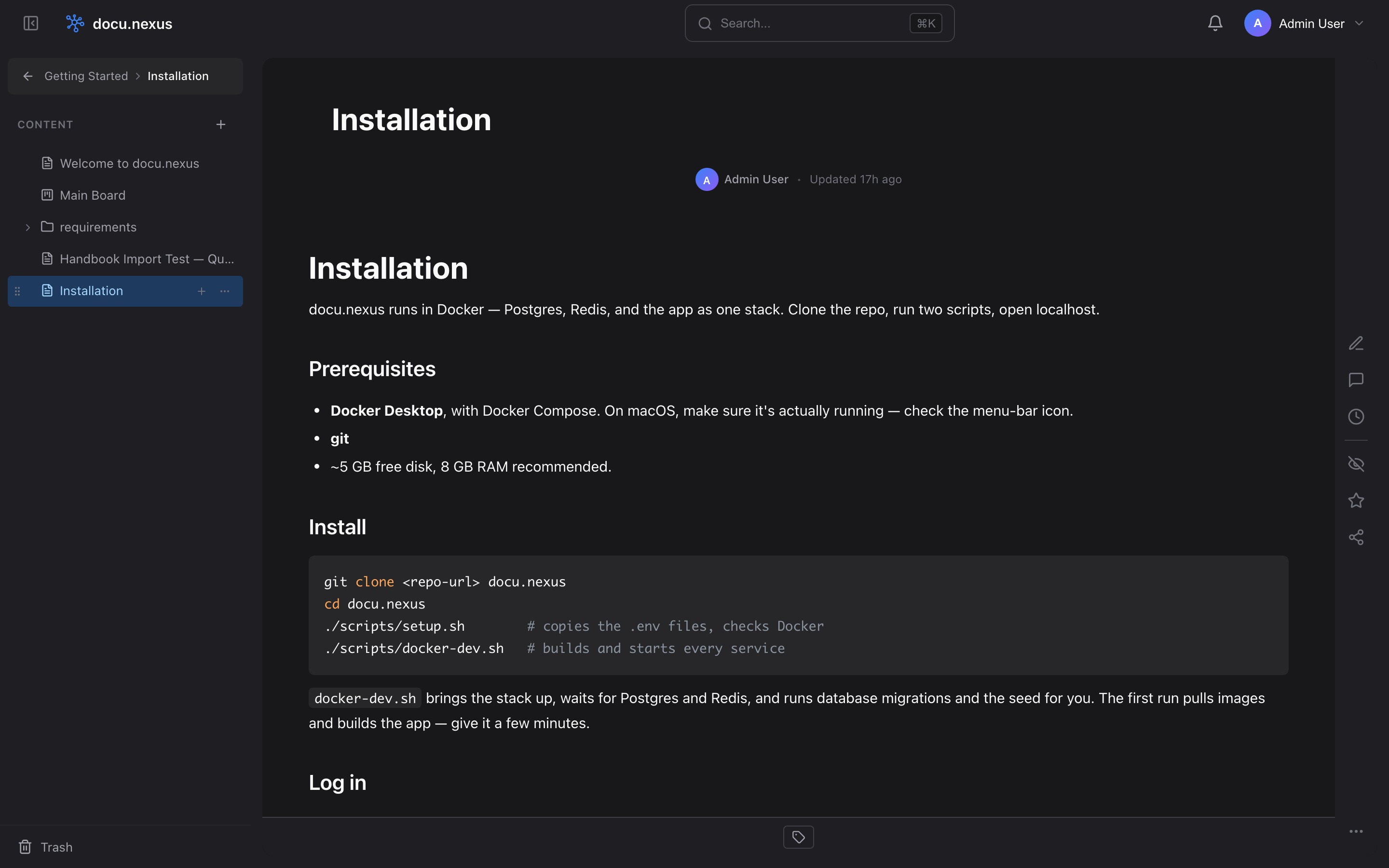 A docu.nexus documentation page open in the editor, with headings, a prerequisites list, and a shell code block
